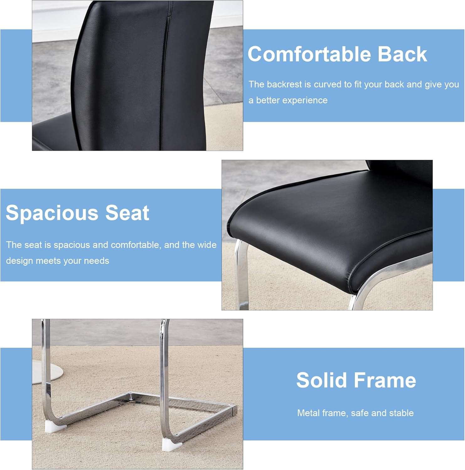 SUDICA Set of 4 Black PU Leather Dining Chairs, Modern High Back Upholstered Chairs with Chrome Metal Legs for Dining Room and Kitchen