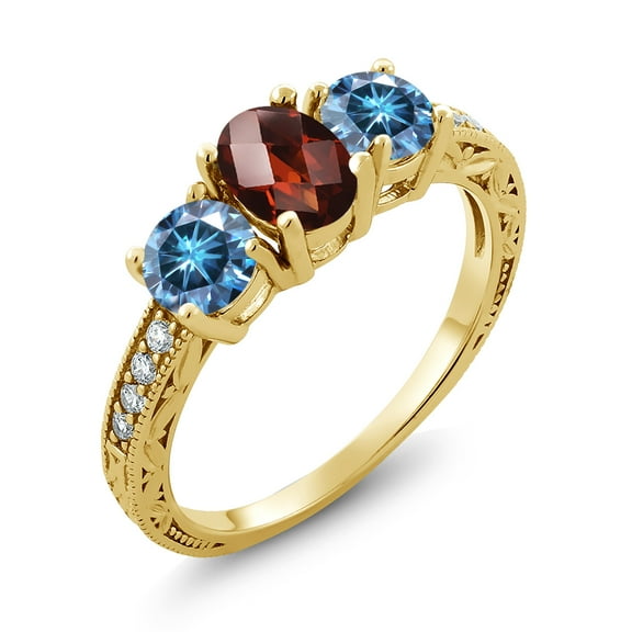 Gem Stone King 18K Yellow Gold Plated Silver 3-Stone Ring Oval/Checkerboard Red Garnet and Vivid Persian Blue Moissanite (2.12 Cttw, Size 7)