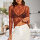 thumbnail image 5 of Top Corto De Malla Estampado de encaje Playa Cubrir Manga larga Mujeres Slim Fit Traje diario (Marrón M) Ygjytge para Mujer Marrón T S, 5 of 6