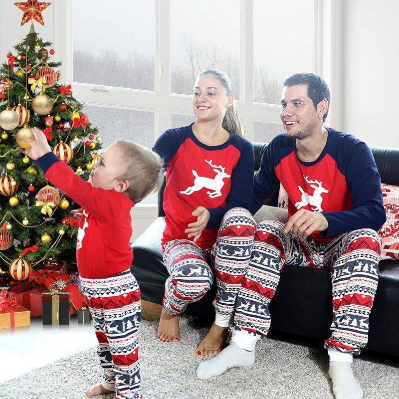 puseky Christmas Family Matching Pajamas Set Reindeer Plaid Sleepwear Homewear for Pet Baby Kid Mom Dad 