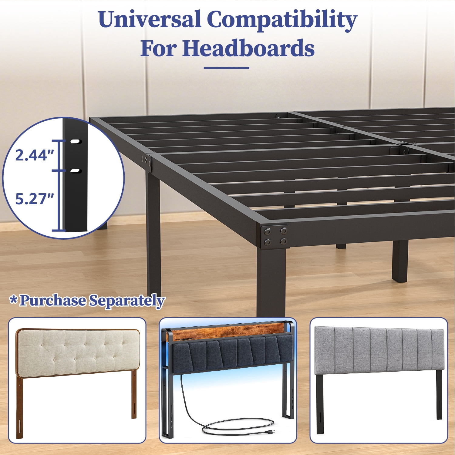 VOLIX 16" Black HighProfile Metal Bed Frame Headboard Compatible Platform Bed Frame, Full