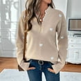 thumbnail image 3 of Cute Heart Print Sweater for Women V Neck Sweater Pullovers with Lace Trim Knit Jumper Khaki S, 3 of 8