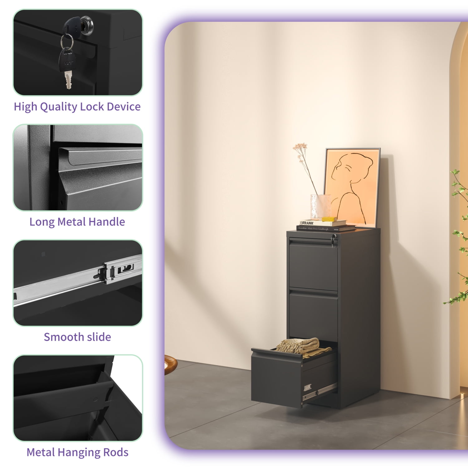 3 Drawer Metal Vertical File Cabinet with Lock Home Office Steel Filing Cabinet for A4/Legal/Letter Size Documents