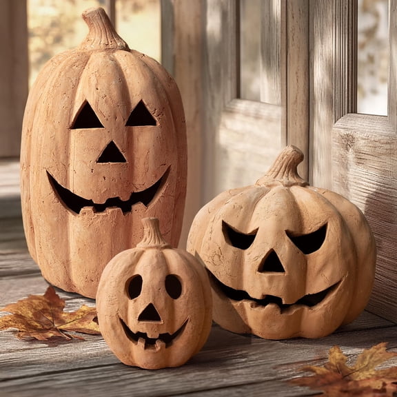 Fall Decor - 5.1" Halloween Orange Handmade Resin Pumpkin Jack O' Lantern Decorations, Vintage Autumn Farmhouse Pumpkin Table Decoration for Home Indoor Outdoor Front Porch Mantel