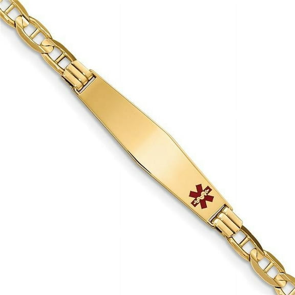 Primal Gold 14 Karat Yellow Gold Medical Soft Diamond Shape Red Enamel Anchor ID Bracelet