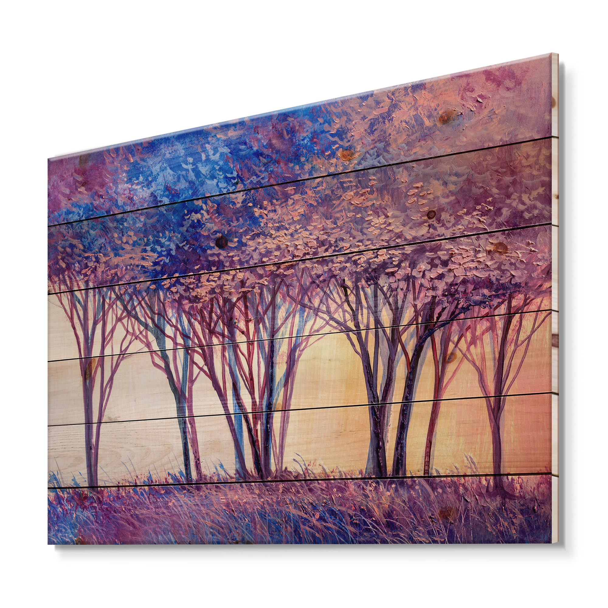 Designart 'Colorful Blue Trees Abstract Forest Landscape' Modern Print on Natural Pine Wood
