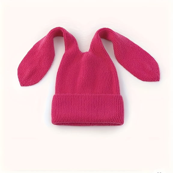 TELOLY 1Pc Cute Long Fluffy Bunny Ears Knitted Beanie Hat Hot Pink Bunny Ears Hat