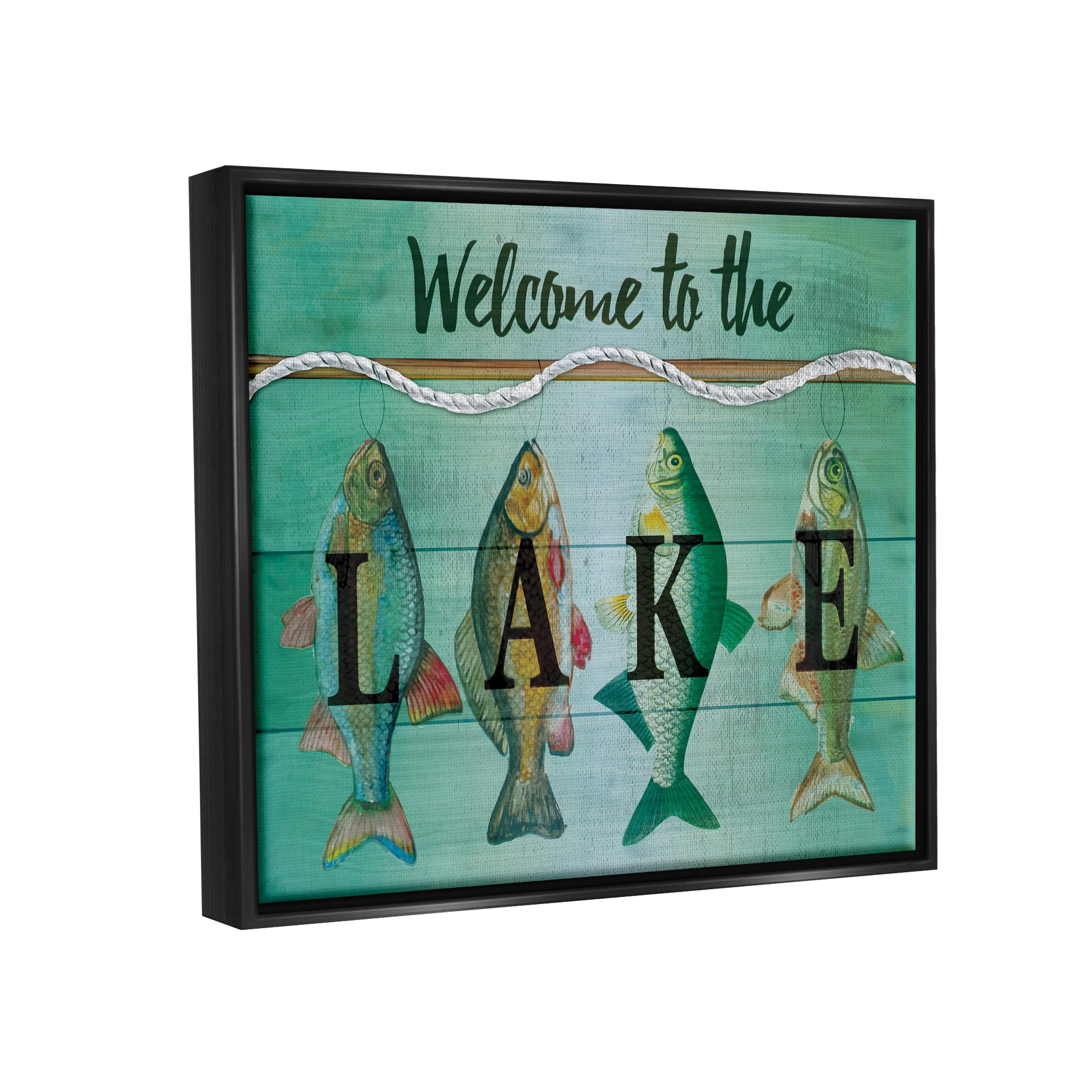 Stupell Industries Welcome To The Lake Fishing Rope Coastal Painting Black Floater Framed Art Print Wall Art