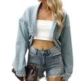 thumbnail image 2 of QATAINLAV Women's Cropped Studded Denim Jackets Loose Open Front Long Sleeve Jean Outerwear Fashion Streetwear Blue L, 2 of 9