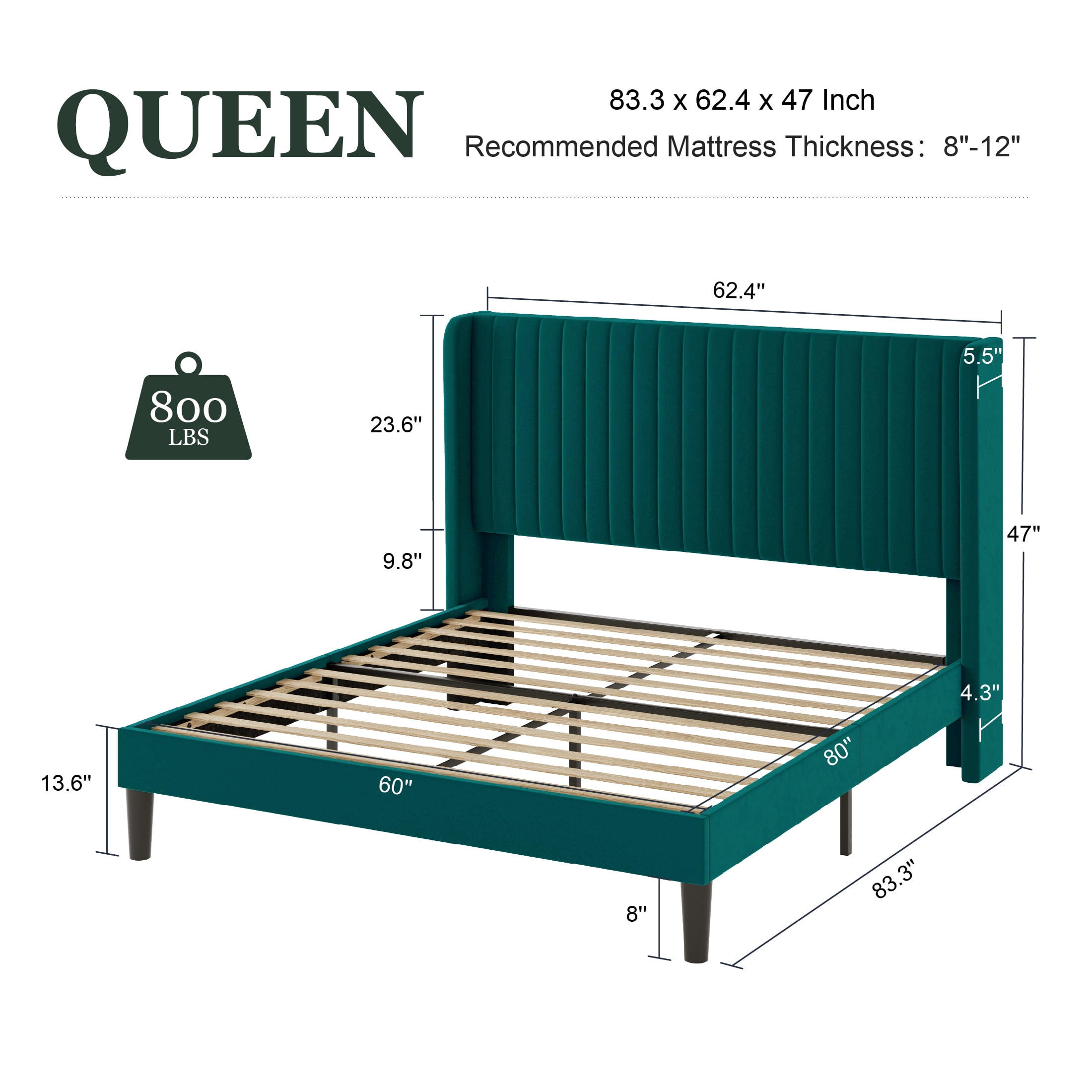 Amolife Queen Size Velvet Upholstered Bed with Wingback Headboard, Lake Blue