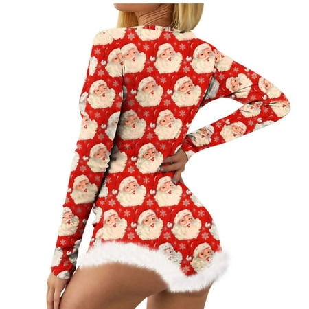 

Egmy Women’s Christmas Not Positioned Print V-neck Feather Detail Long Sleeve Sexy Bodysuit Sexy Lingerie Pajamas