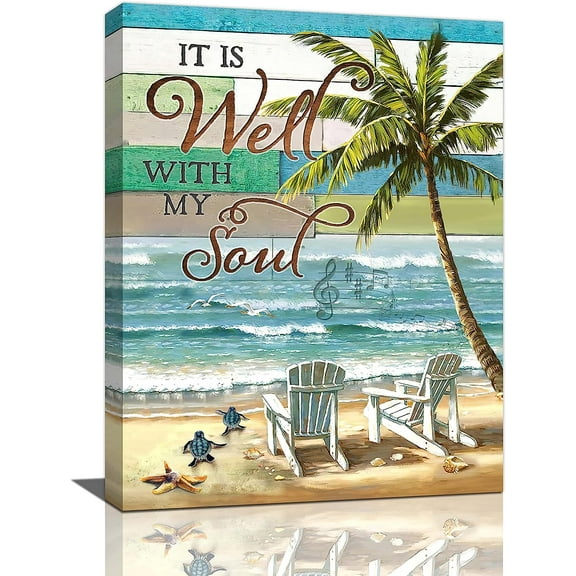 Sea Turtle Palm Tree Bathroom Wall Art Beach Coastal Pictures Ocean Wall Decor Nautical Canvas Prints Painting Beach Decorations Framed Artwork for Bathroom Living Room Bedroom 12"x16"