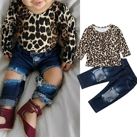 Fashion 2pcs Toddler Kids Baby Girls Outfits Leopard Print Tops+Destroyed Jeans Pants Clothes 9-12