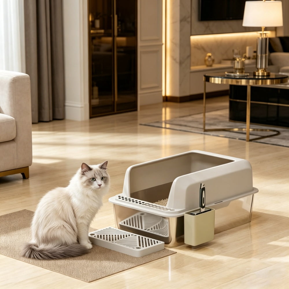 Stainless Steel Cat Litter Box with High Side Wall, Anti-Spill & Anti-Tracking, Includes Scoop & Storage Box