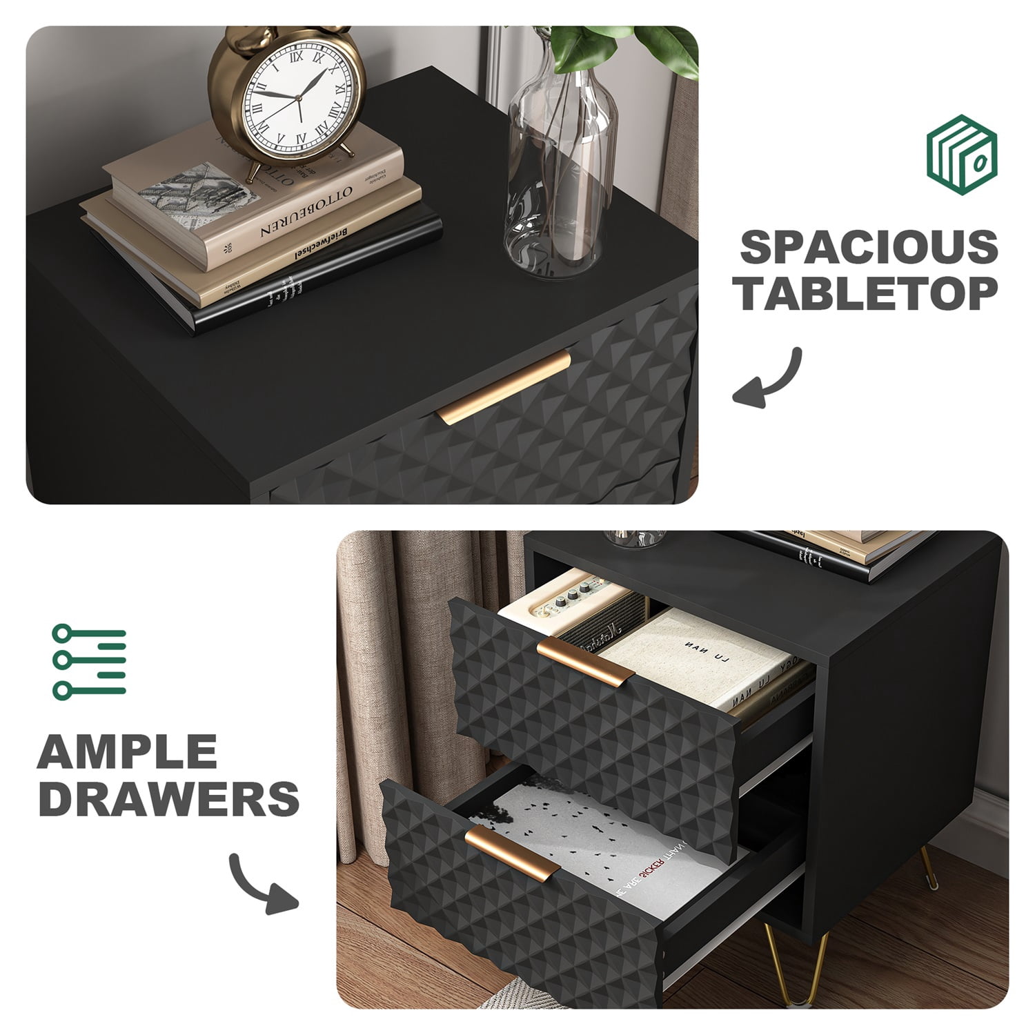 Hommoo Nightstand Set of 2, Carving Texture Night Stand End Side Tables, Modern Bedside Tables with 2 Drawers, for Bedroom Living Room, Black