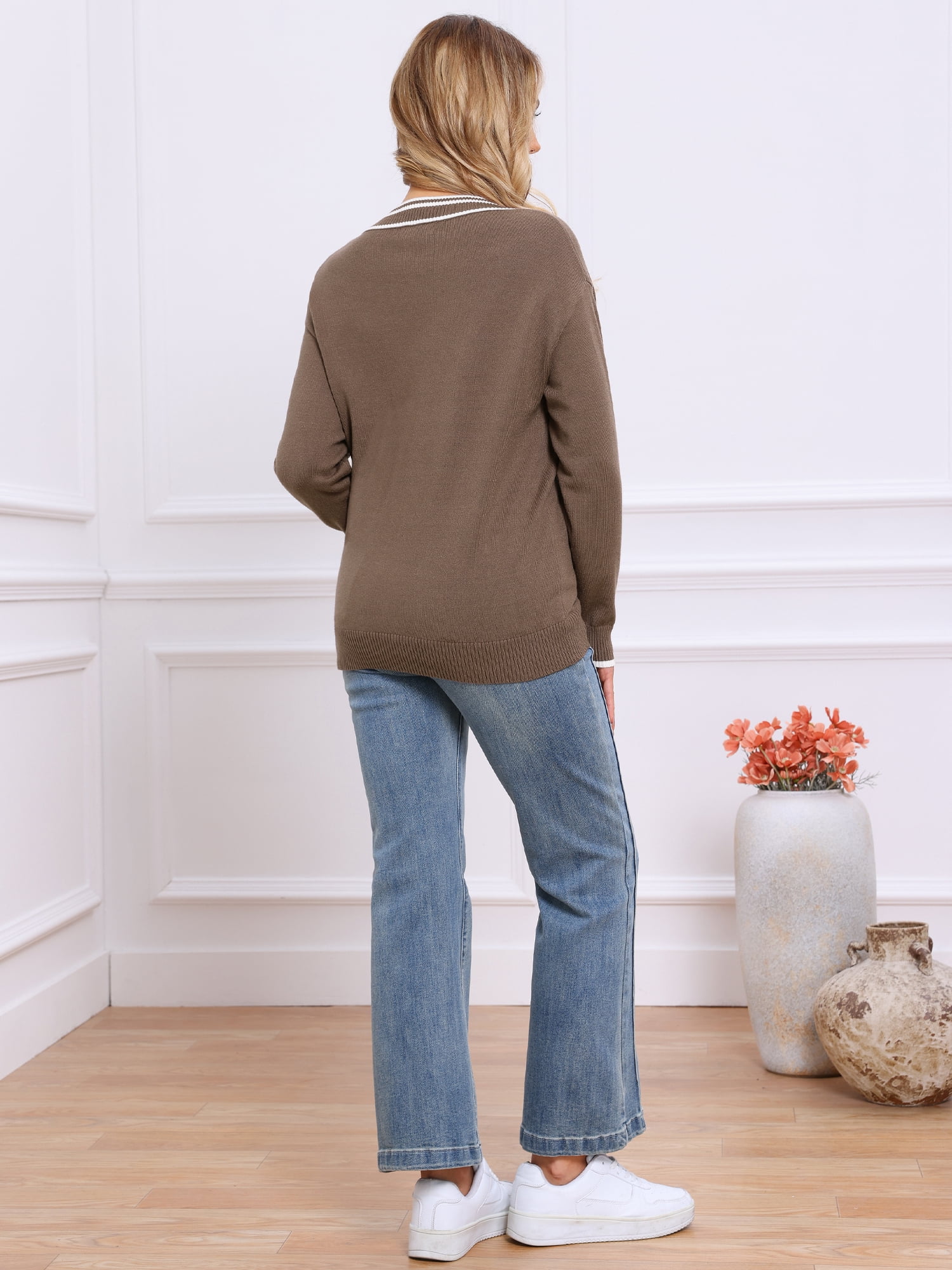 DARING DIVA V Neck Long Sleeve Knit Striped Pullover Sweater L Brown