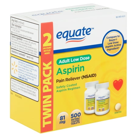 Equate Adult Low Dose Aspirin Enteric Coated Tablets, Twin Pack, 81 mg, 500