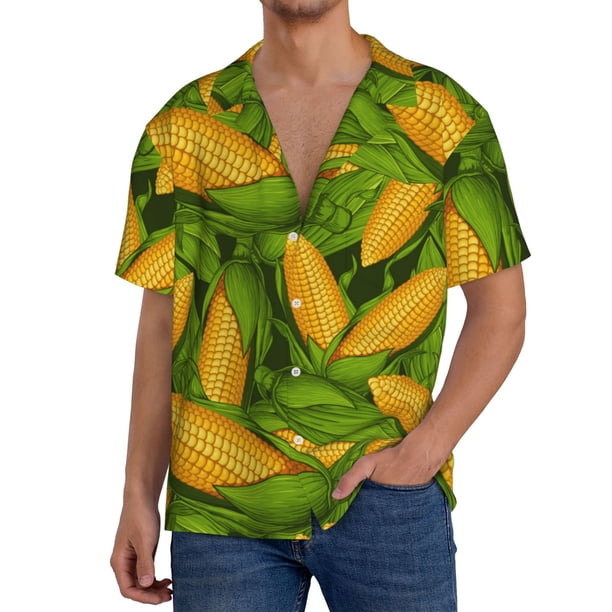 Balery Fresh Corn 1 Camisa Casual de Manga Corta con Botones para Hombre, Texturizada, Estilo Cubano, para Playa, Verano-X-Large