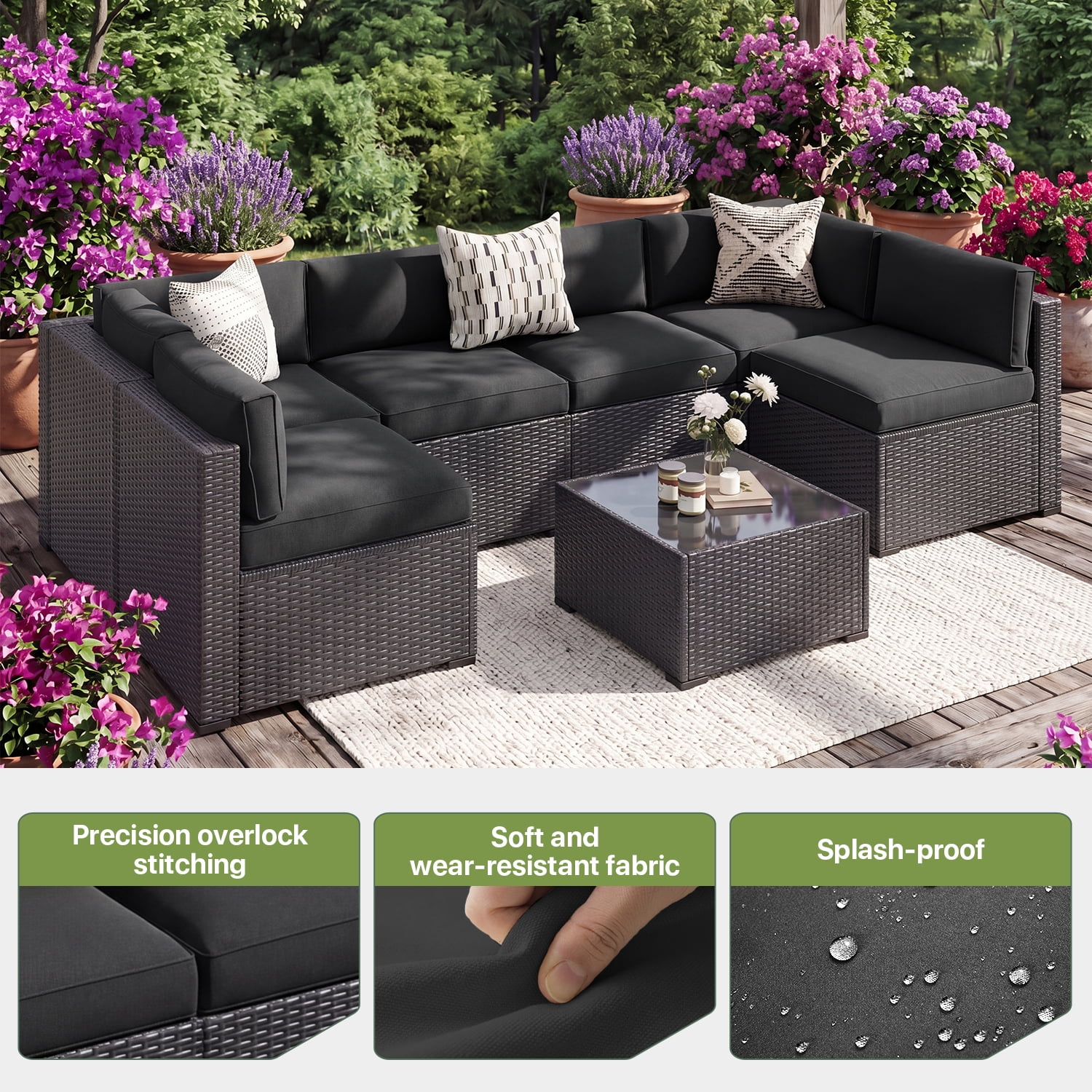BaPiPro 14 Pack Black Outdoor Patio Sofa Cushion Replacement Covers, Fade‑Proof, Waterproof & Zippered, Wear‑Resistant, Stain‑Resistant Easy‑to‑Clean Slipcovers for Rattan Sectional Furniture