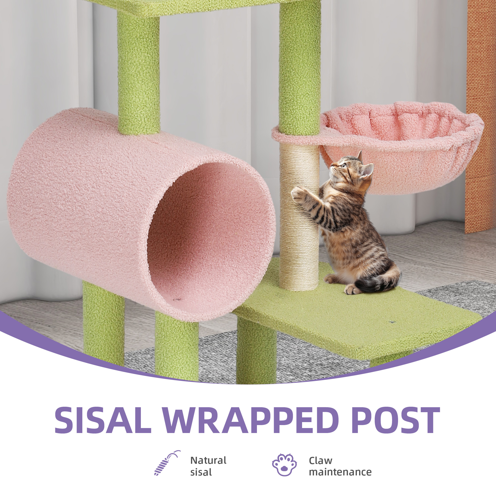 Dextrus 65" Tall Flower Cat Tree Tower, Indoor Cute Cat Climbing Tower with Cat Condo, Basket, Tunnel,Cute Sisal Scratching Posts and Board, Pink & Green