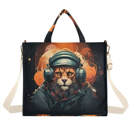 Lion Hoodie Earphones Corduroy Tote Bag Handbag Large Messenger Bag Shoulder Crossbody Zipper Bag Purse