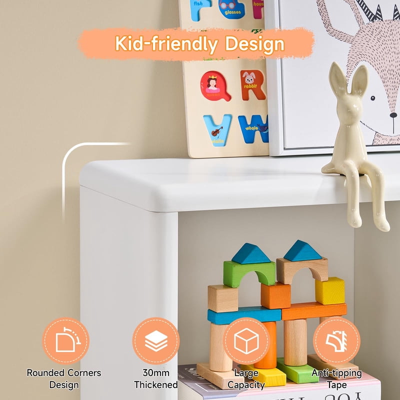 Tall Bookcase with 6 Cube Storage, Wooden Kids Bookshelf with Child Safe Paint, Girl Toy Storage Organizer Cabinet with Thick Board, Boy Large Book Shelves for Office Playroom Living Room