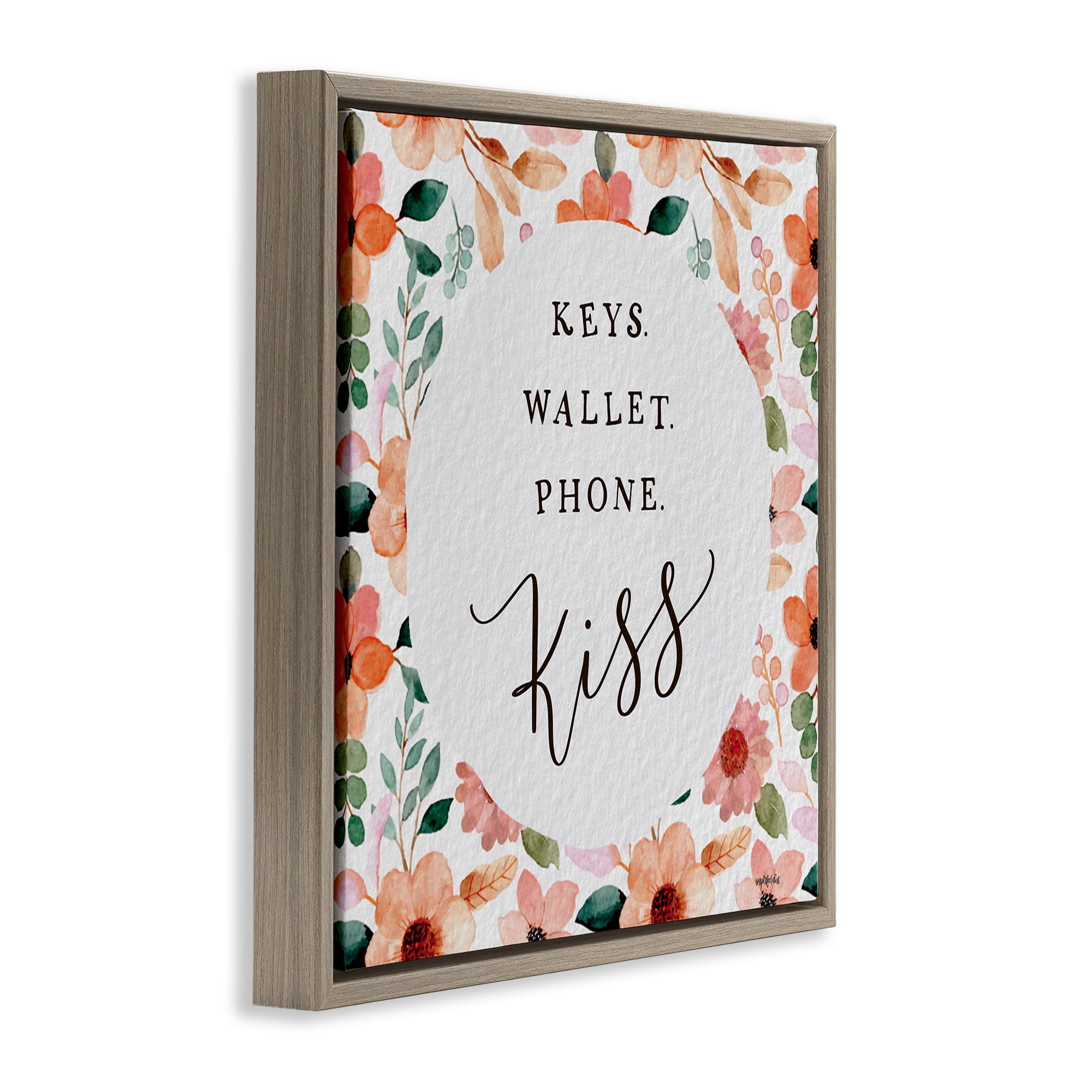 Stupell Industries Keys Wallet Phone Kiss Plants & Flowers Painting Brown Floater Framed Canvas Art Print Wall Art, 25 x 25