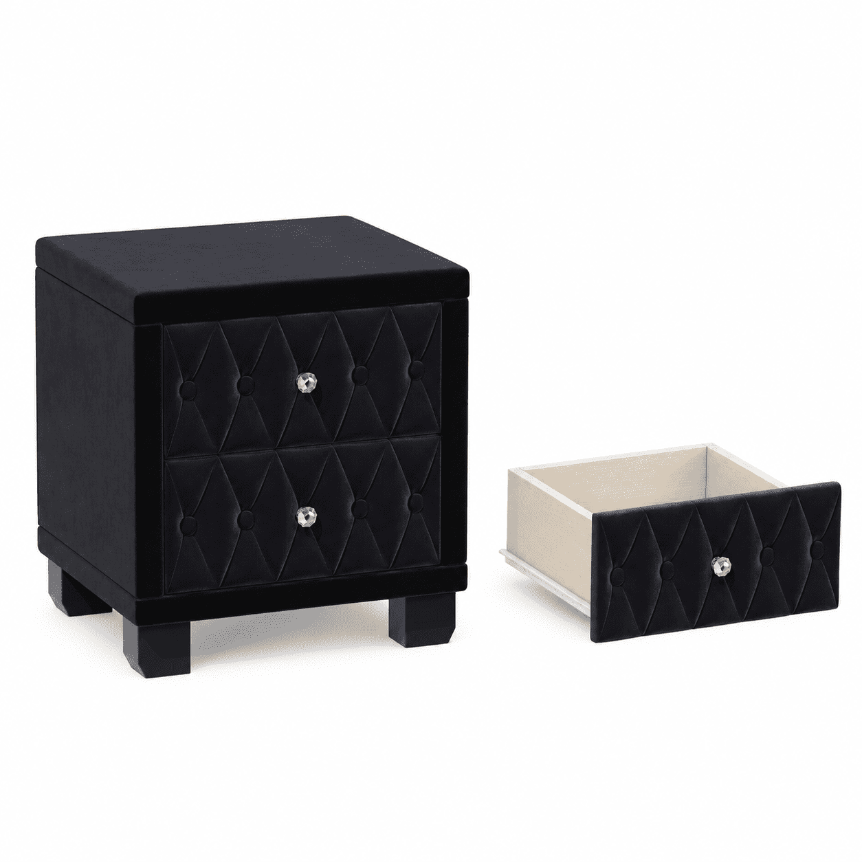 Elegant Velvet Nightstand with 2 Drawers and Crystal Handle, Storage Bedside Table with Button-Tufted, Black