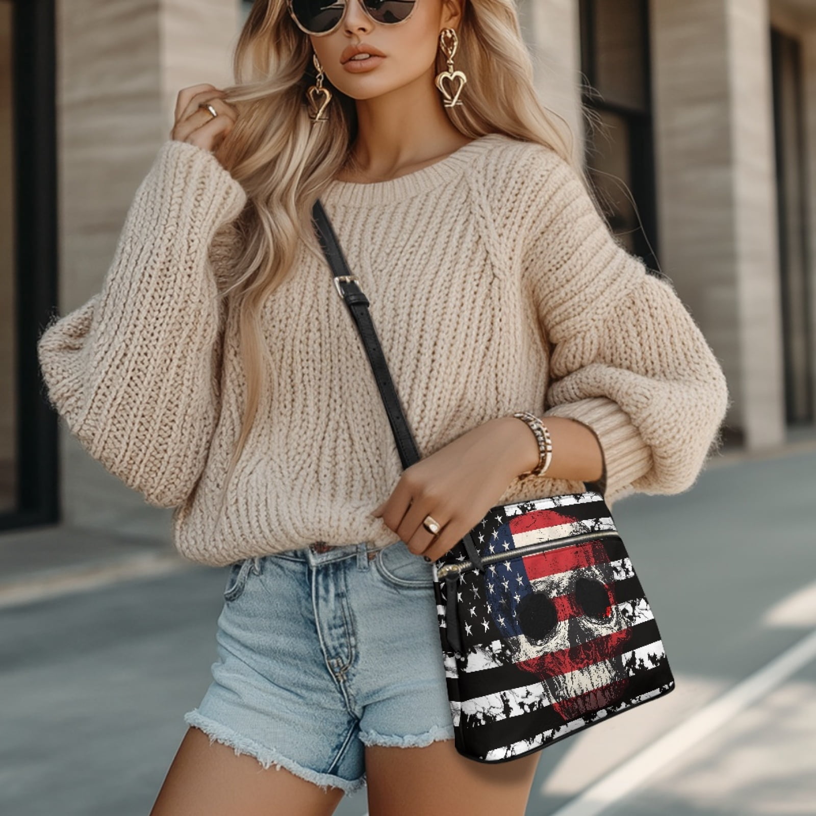 LedBack American Flag Skull Women Crossbody Satchel Handbag Leather Shoulder Bag with Adjustable Strap, Medium Size Messenger Purse Hobo Purse for Shopping Work, Blue
