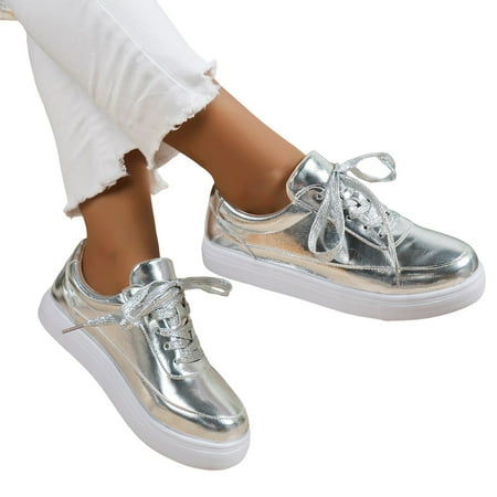Oyedens Silver Platform Fashion Sneakers for Women Fashion Casual Walking Flats Canvas Shoes
