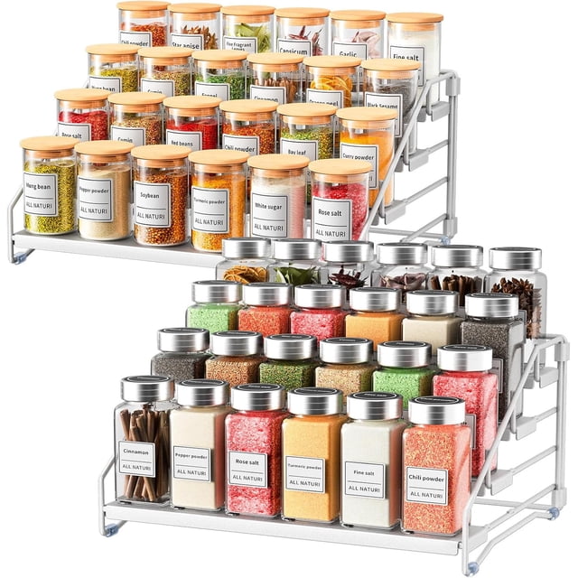 4 Tier Spice Rack Organizer, Spice Organization for Cabinet,Pantry, Countertop,Tiered Spice Rack Easy Visibility,Depth Expandable Seasoning Shelf for Kitchen Cabinet Organizer,Silver,2 PACK