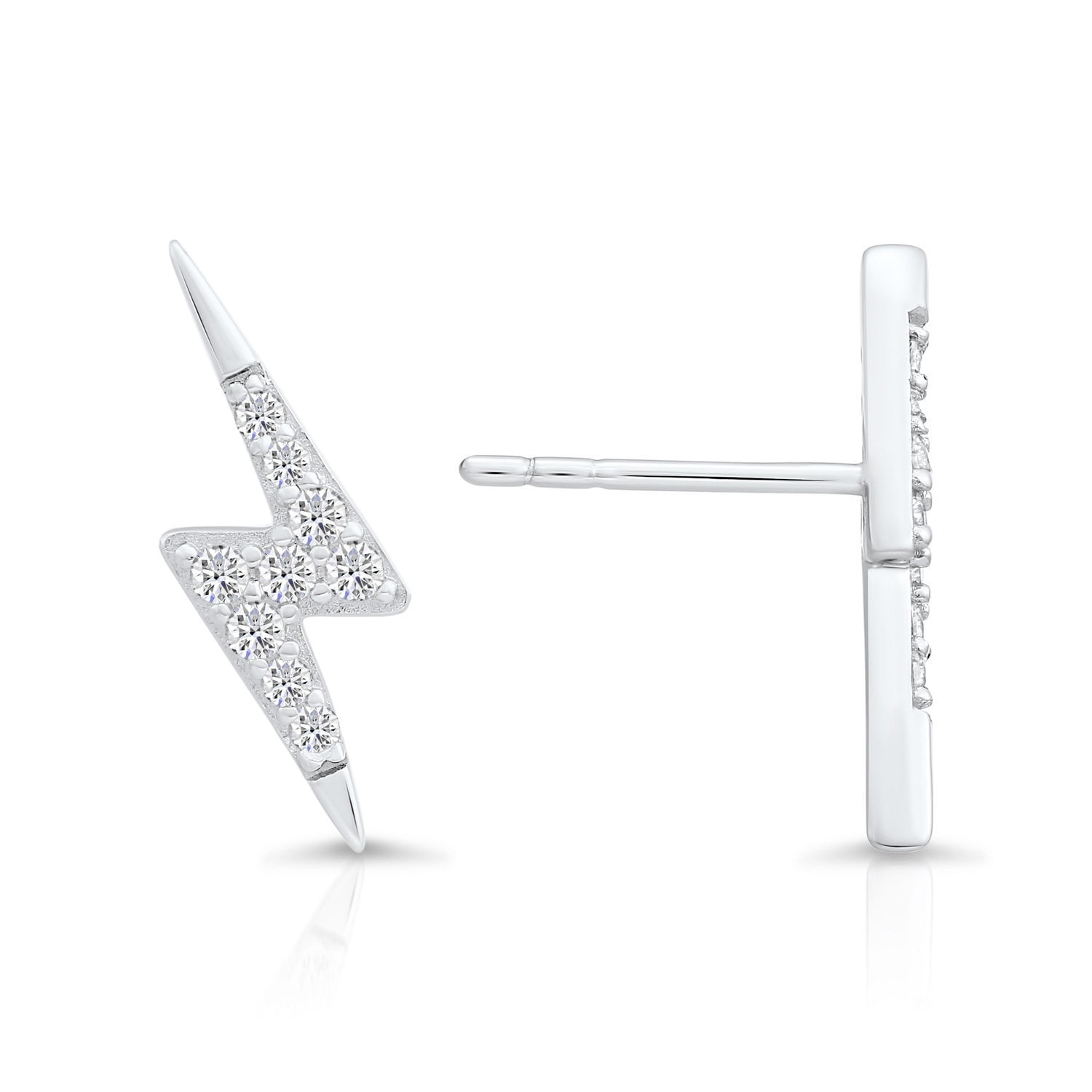 Tilo Jewelry 925 Sterling Silver Lightning Bolt Stud Earrings with Cubic Zirconia CZ Stones | Secure Push-Backs | Women, Men, Unisex
