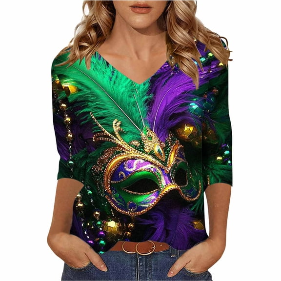 Women's Blouses Plus Size,Mardi Gras Shirts for Women 3/4 Sleeve Sequin V Neck Mardi Gras Outfits Summer Graphic Holiday Carnival Shirt