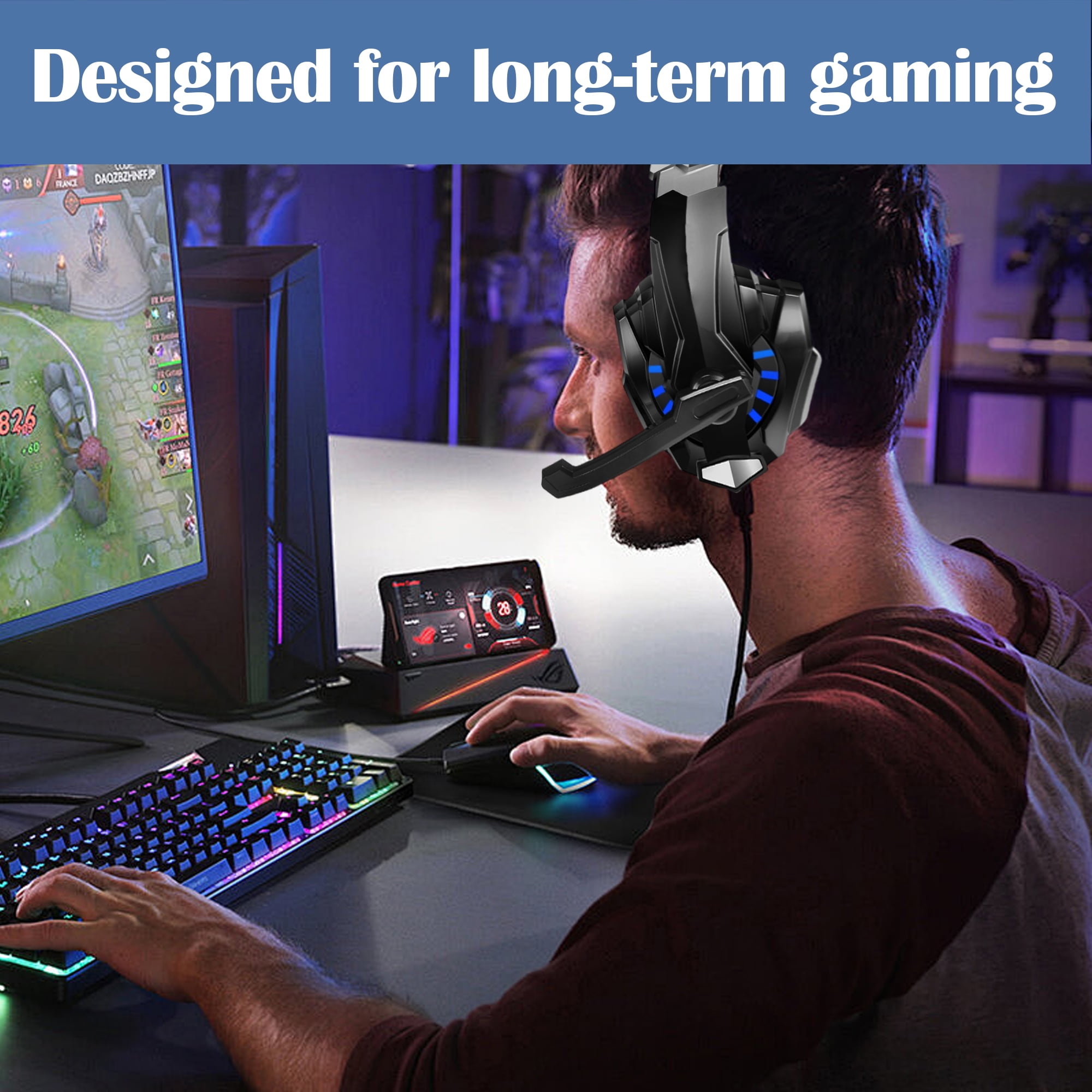 SPBPQY G9000 Stereo Gaming Headsets for PC P4 P5 Controller, Noise Cancelling Over Ear Headphones with Mic, LED Light, Bass Surround, Soft Memory Earmuffs (Blue)