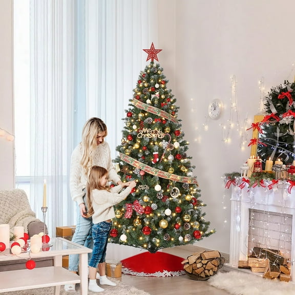 Accreate Snow-Flocked Pre-Lit Christmas Tree with Pine Cone Accents, Warm White LEDs, Realistic PVC Needles, Metal Base, 4.5ft, 6ft, 7.5ft, 9ft Options