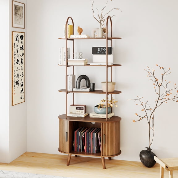 68.9" Tall Arched Bookshelf with with Sliding Tambour Doors, 4-Tier Open Display Storage Shelf, Vinyl Record Player Stand for Home Office, Living Room, Walnut