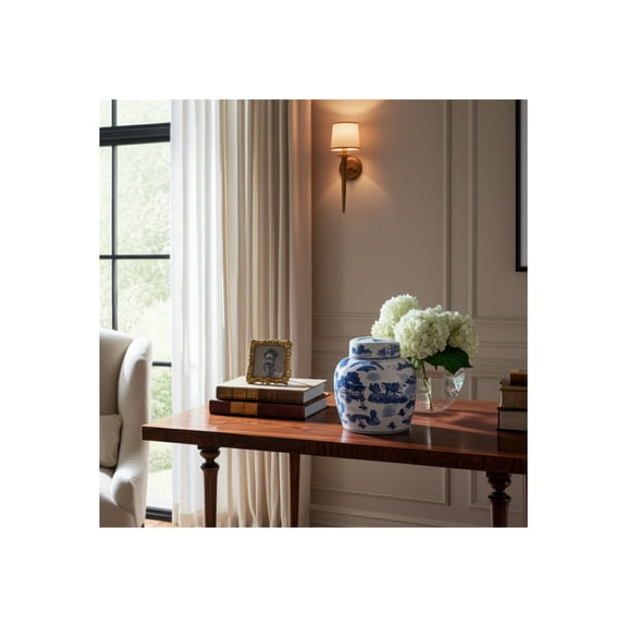 Contemporary Ceramic Jar with Lid for Living Room and Home Decor - Decorative Flower Vase for Room, Bedroom, or Office Display - House Accent for Kitchen Counter or Table Decor - 10", Blue & White