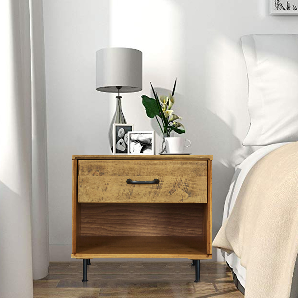 MUSEHOMEINC Rustic Solid Wood Nightstand with Drawer and Shelf for
