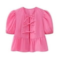 thumbnail image 1 of cfhntfmh Hauts d'Été pour Femmes Mode Col Rond Nœud devant Manches Courtes Bouffantes Chemises Babydoll Blouses Décontractées Amples, 1 of 4