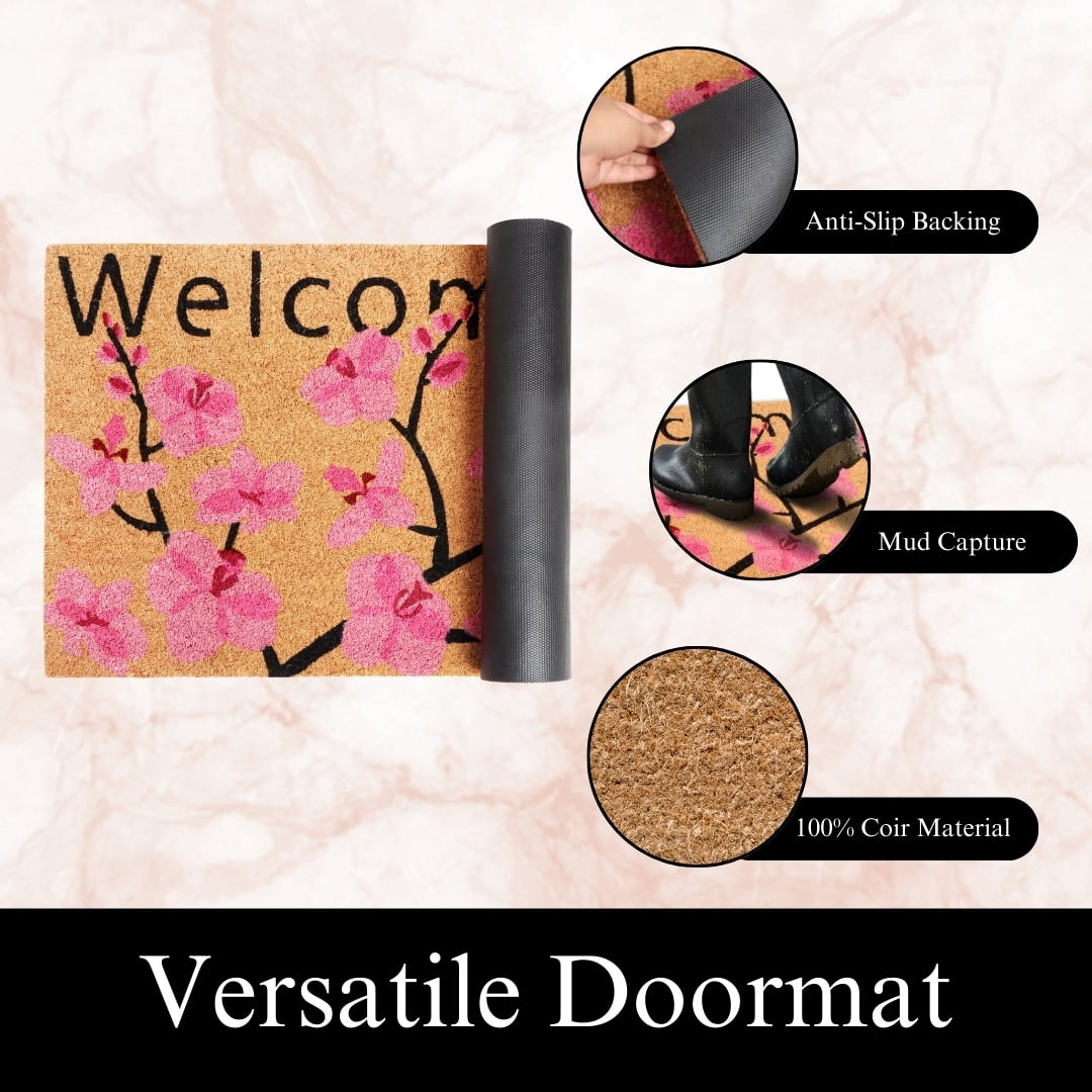 A1HC Natural Coco Coir Doormat, Spring Pink Floral, 18"x30", Durable Outdoor Welcome Mat, Non-Slip, Easy to Clean, Pet Friendly