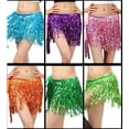 thumbnail image 4 of 4-Layers Sequined Fringed Drawstring Closure Belly Dance Waist Chain Skirt Hip Scarf Latin Skirt,darkgreen, 4 of 5