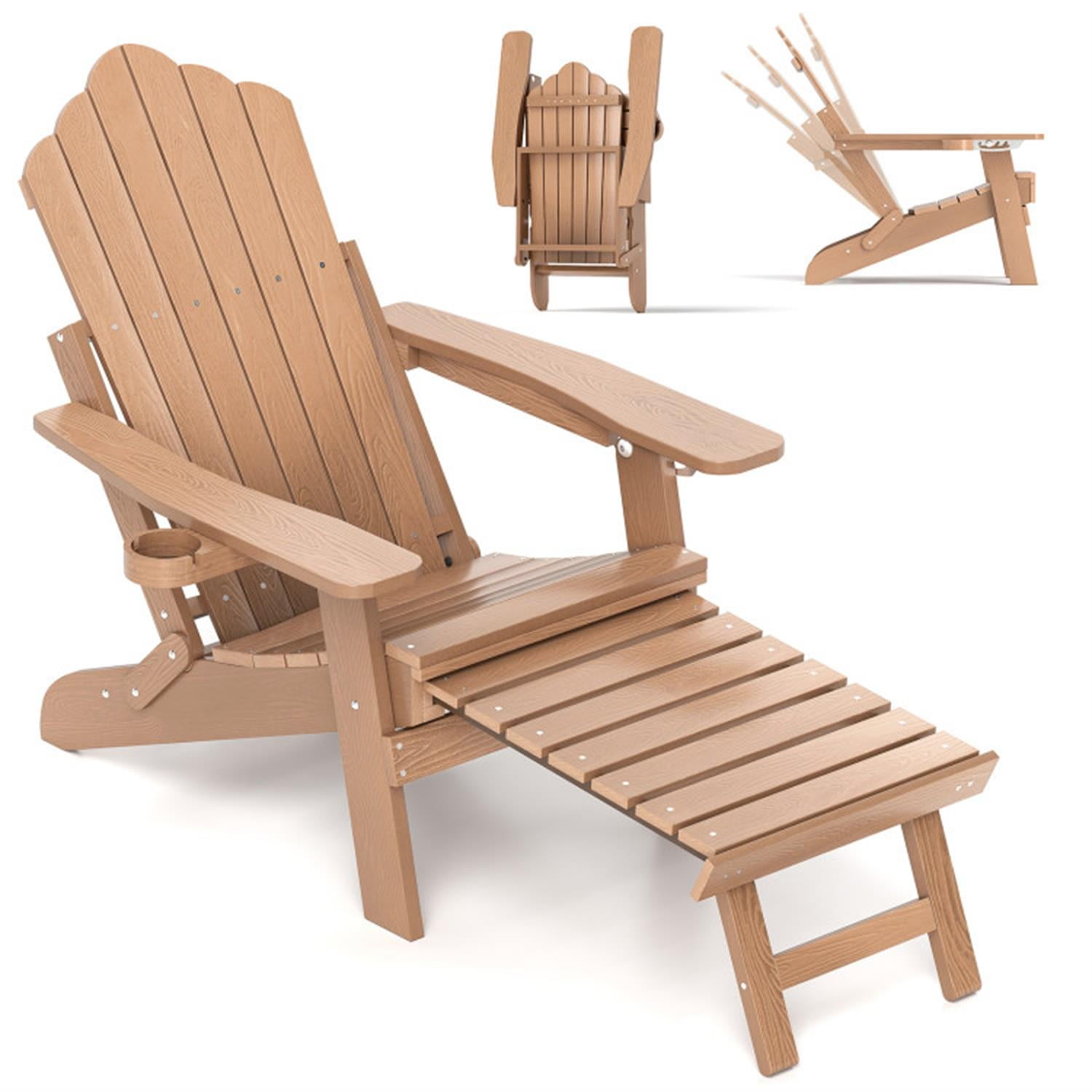 Demi Bonn All-Weather HIPS Patio Adirondack Lounge Chair with Retractable Footrest, Outdoor Accent Furniture Lounge Chairs for Yard, Garden, Brown