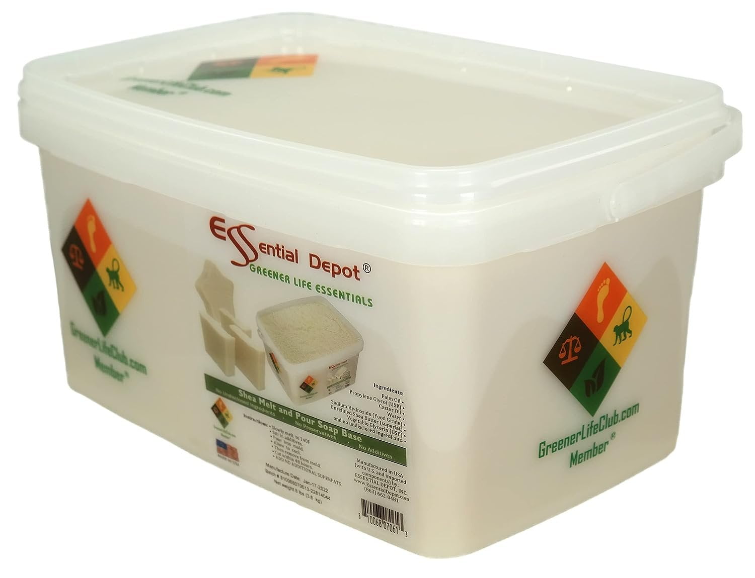 Essential Depot Shea Melt & Pour - 8 lbs Shipped in a safety-sealed square pail with resealable lid and removable handle