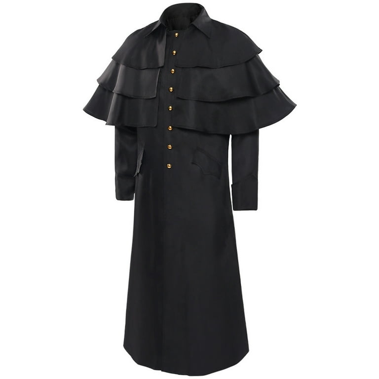 IROINNID Mens Trench Coat Discount Comfy Pastor Cloak Coat Medieval Vintage  Standing Collar Court Stage Dress Standing Collar Vintage Slim Coat,Black