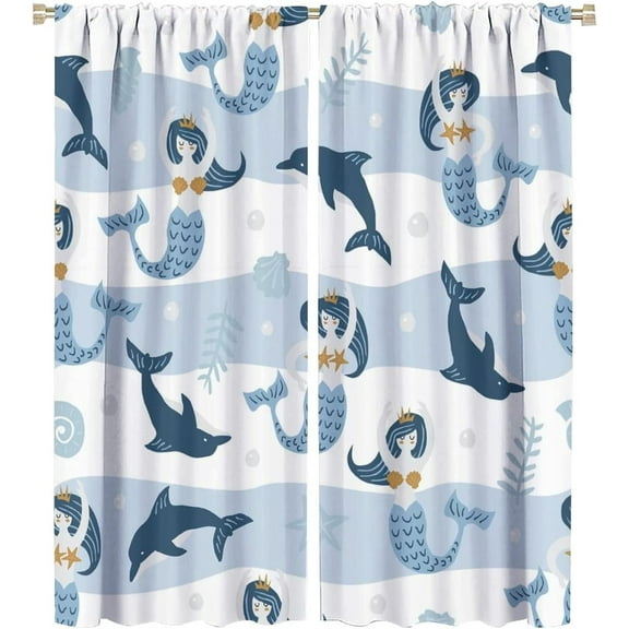 Cartoon Kids Curtains,Ocean Theme Cute Dolphin and Mermaid Window Treatments Children Bathroom Boys Girls Bedroom Curtain Home Decor W42xL54in