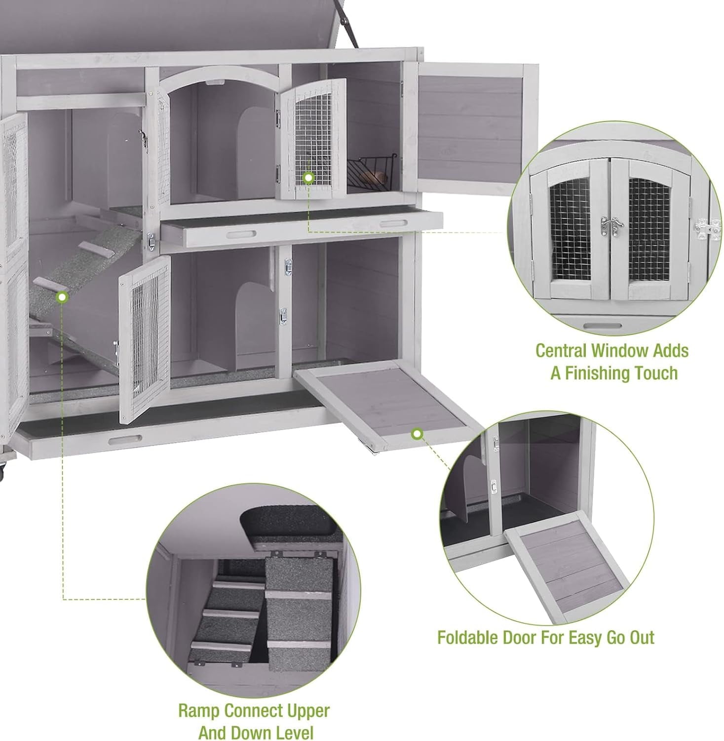 MEDEHOO Guinea Pig Cage 2 Story Indoor Rabbit Hutch Outdoor Bunny House with Wheels and Leakproof Tray