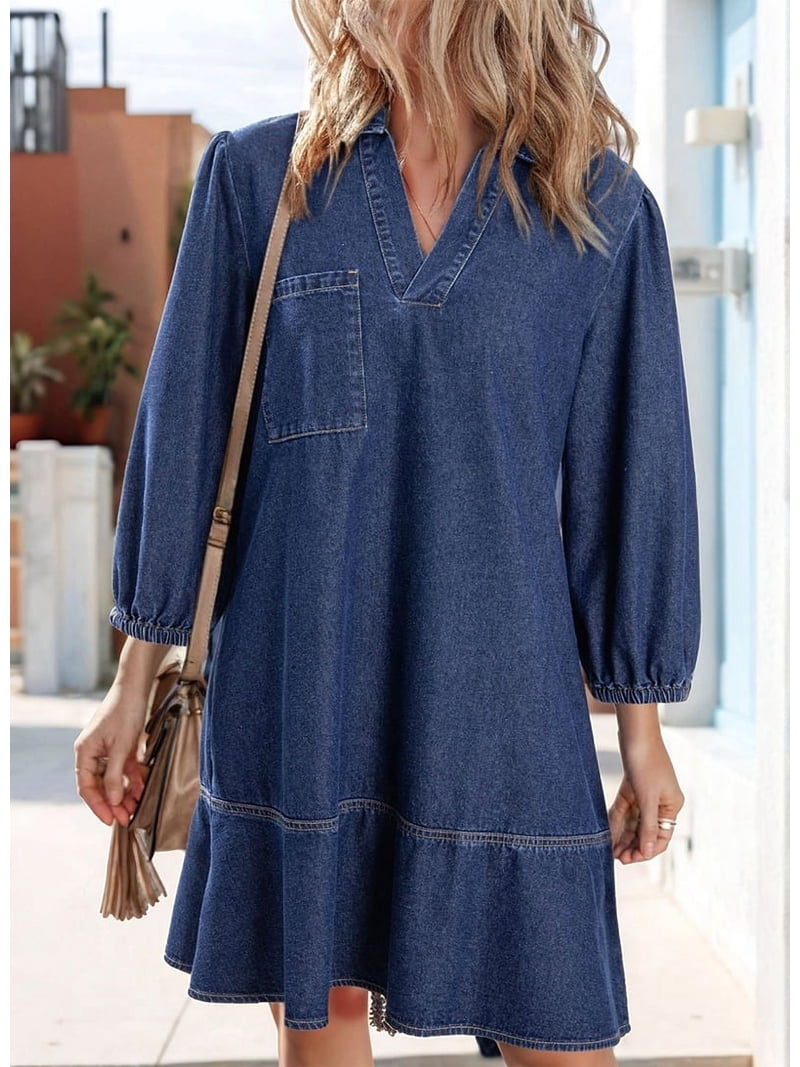 Denim Dress for Women Summer Casual Babydoll 2025 V Neck 3/4 Puff Sleeve  Jean Dresses Dark Blue XL - Walmart.com