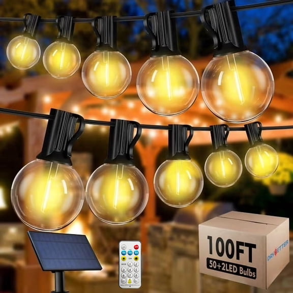 DAYBETTER Solar Outdoor String Lights, 100ft Waterproof Patio Lights with Remote, 50 LED Bulbs, 8 Lighting Modes, for Yard Outside