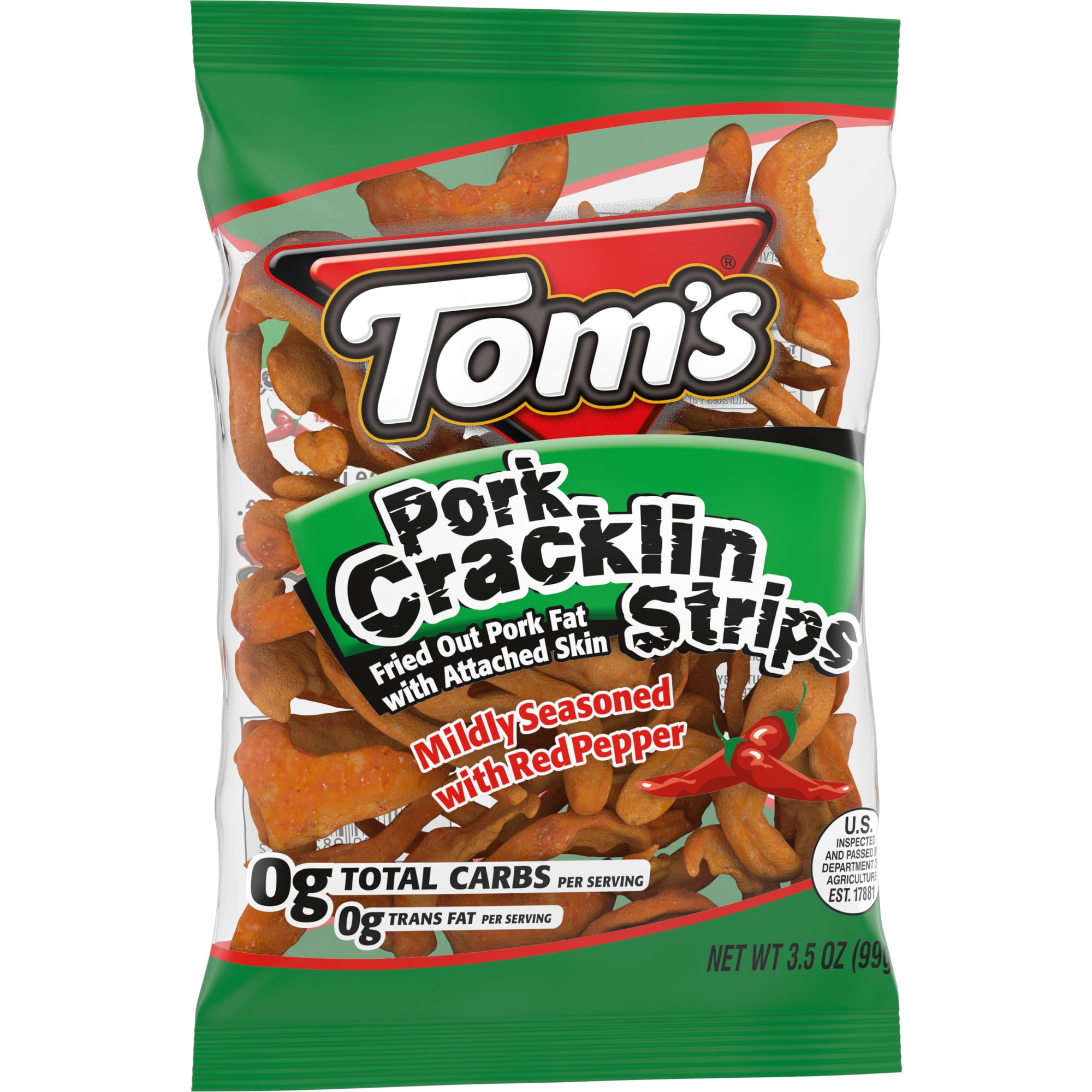 Tom's Cracklin Strips, Red Pepper, 3.5 oz Bag