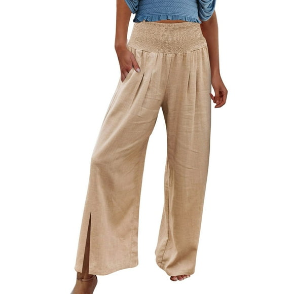 TSADFHJI Wide Leg Pants Women Jeans High Waist Wide Leg Palazzo Lounge Prints Pants for Women Smocked Elastic Waist Loose Comfy Splitcasual Pajama Pants Pockets L Khaki